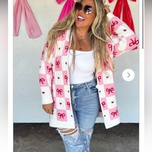 Blakeley Pink and White Checkered Cardigan with Bow Design